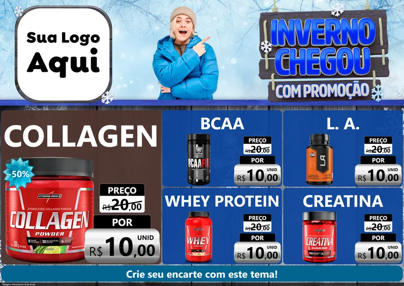 Modelo de Encarte para Encarte A4 Horizontal com o tema Inverno Chegou Com Promoção para Suplementos alimentares