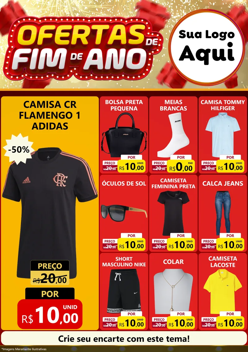 Modelo de Encarte para Encarte A4 Vertical com o tema Ofertas de Fim de Ano para Roupas e acessórios