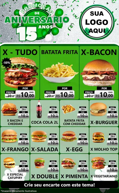 Modelo de Encarte para Encarte Grande com o tema Promoção de Aniversário - 15 Anos para Hamburgueria