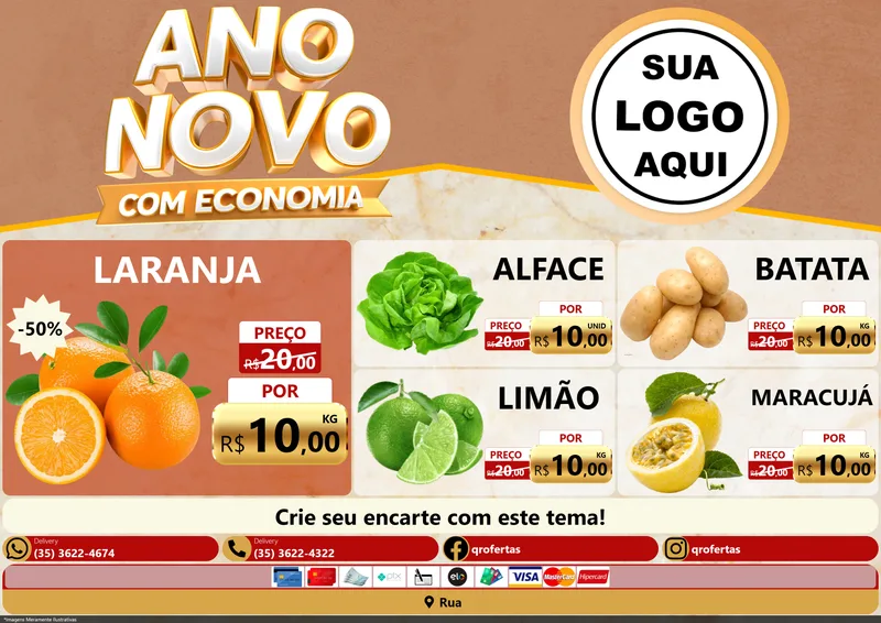 Modelo de Encarte para Encarte A4 Horizontal com o tema Ano Novo Com Economia para Hortifrúti