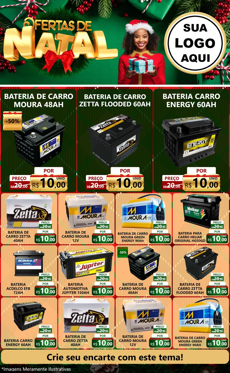 Modelo de Encarte para Encarte Grande com o tema Ofertas de Natal para Baterias Elétricas