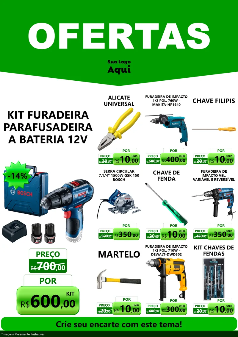 Modelo de Encarte para Encarte A4 Vertical com o tema Ofertas Verde Cartaz para Maquinas e Ferramentas