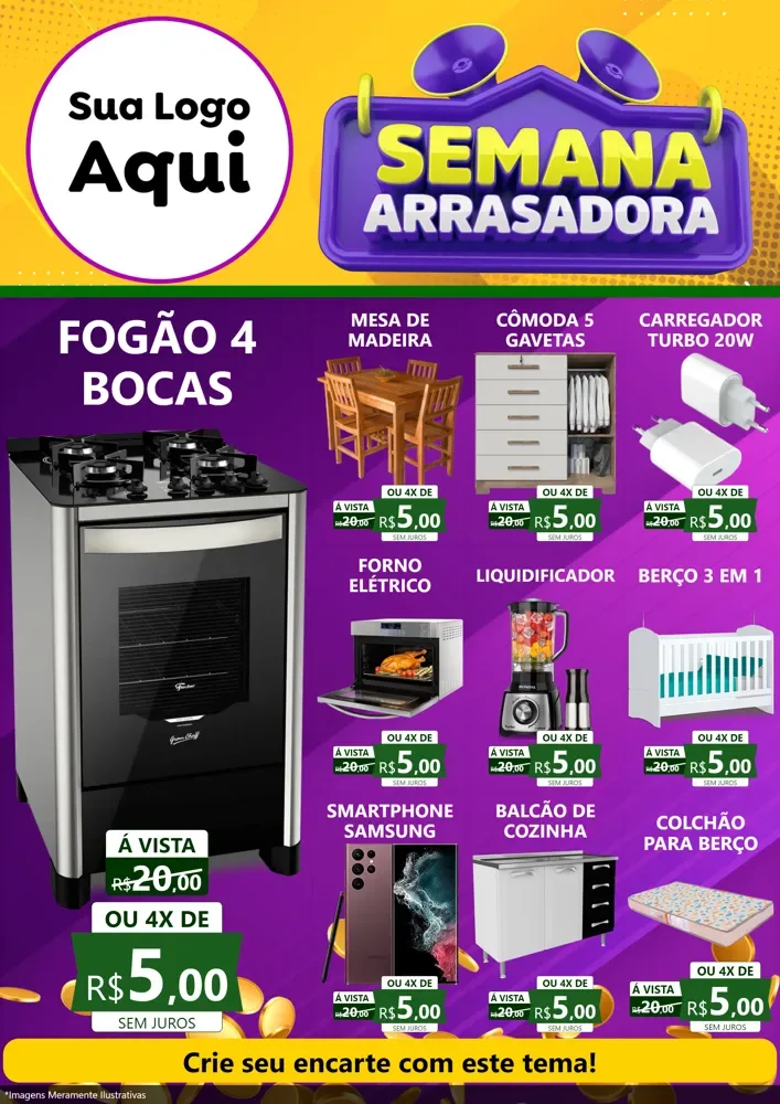 Modelo de Encarte para Encarte A4 Vertical com o tema Semana Arrasadora para Móveis e Eletro