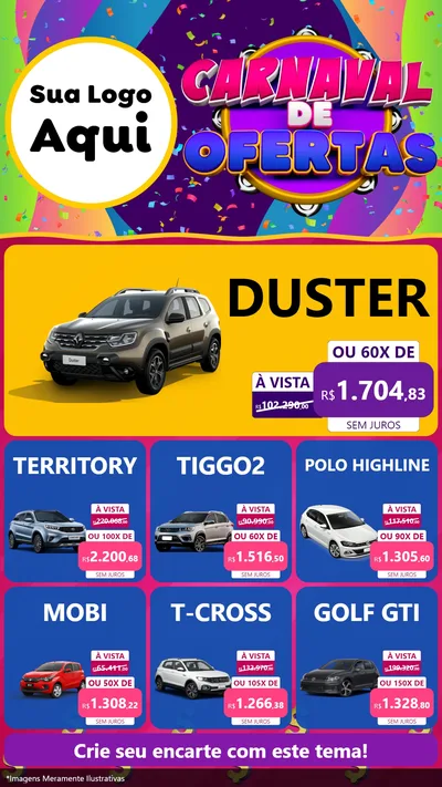 Modelo de Rede Social para Stories com o tema Carnaval de Ofertas para Concessionaria de Carros
