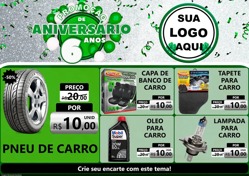 Modelo de Encarte para Encarte A4 Horizontal com o tema Promoção de Aniversário - 6 Anos para Auto peças