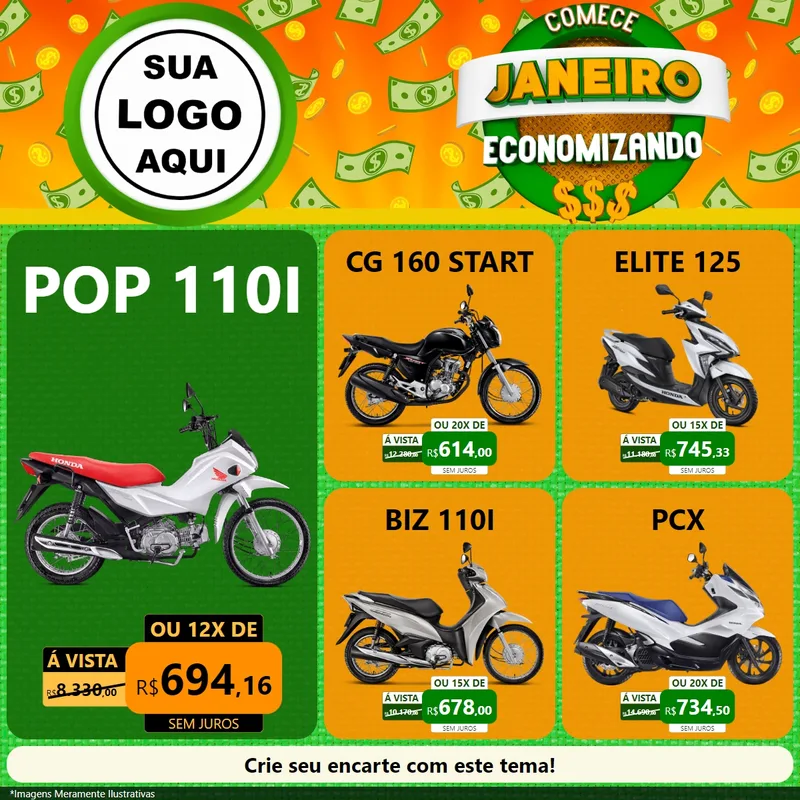 Modelo de Rede Social para Feed Facebook com o tema Comece Janeiro Economizando para Concessionaria de Motos