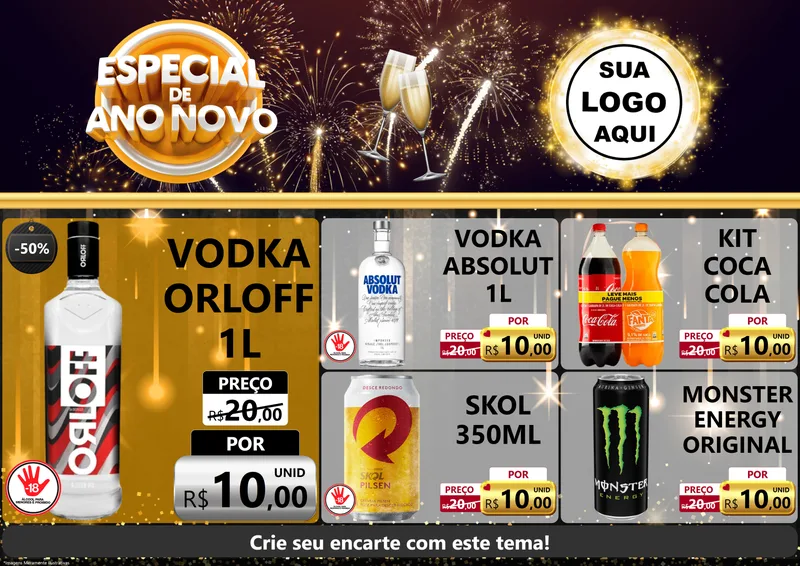 Modelo de Encarte para Encarte A4 Horizontal com o tema Especial de Ano Novo para Distribuidora de bebidas