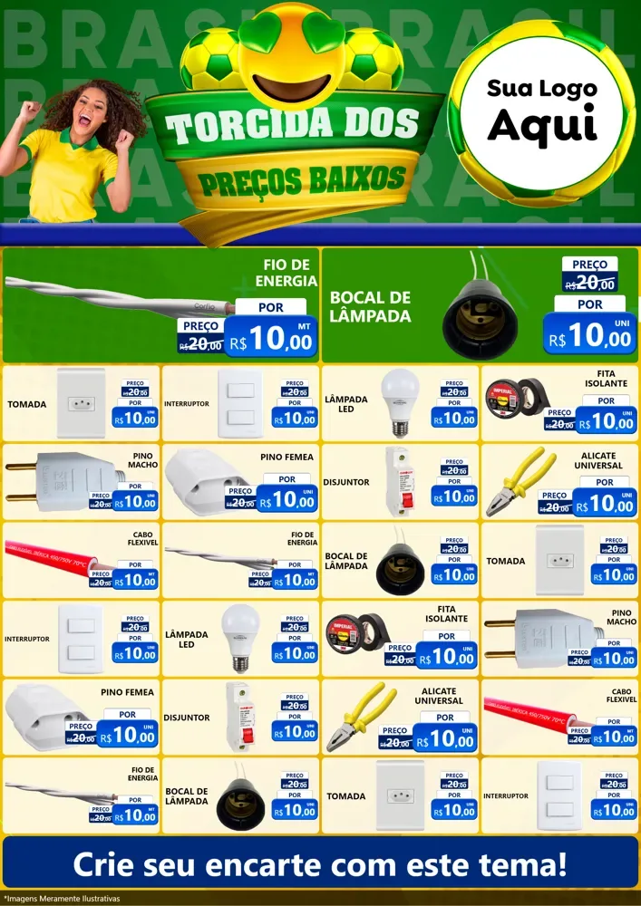 Modelo de Encarte para Encarte A4 Vertical com o tema Torcida dos Preços Baixos - Copa para Materiais Elétricos