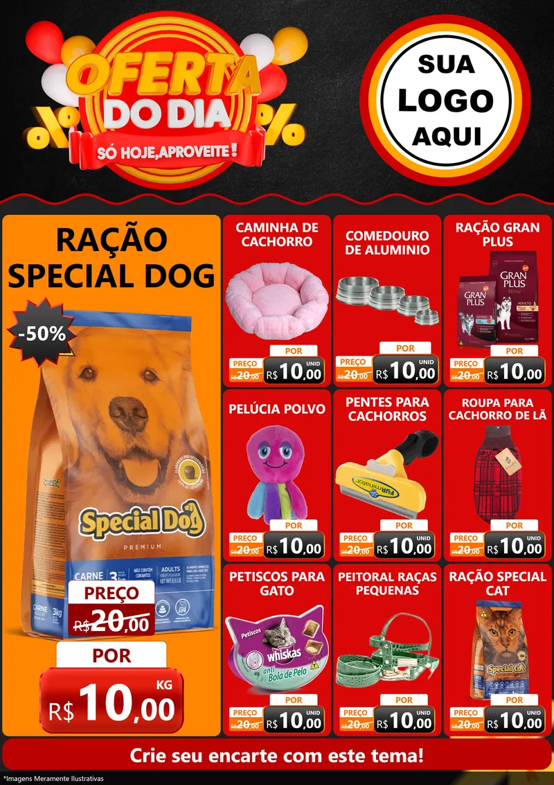 Modelo de Encarte para Encarte A4 Vertical com o tema Oferta do Dia - Só hoje, Aproveite! para Pet Shop
