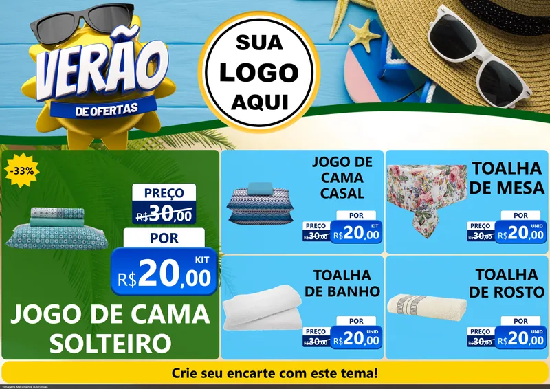 Modelo de Encarte para Encarte A4 Horizontal com o tema Verão de Ofertas para Cama, Mesa e Banho