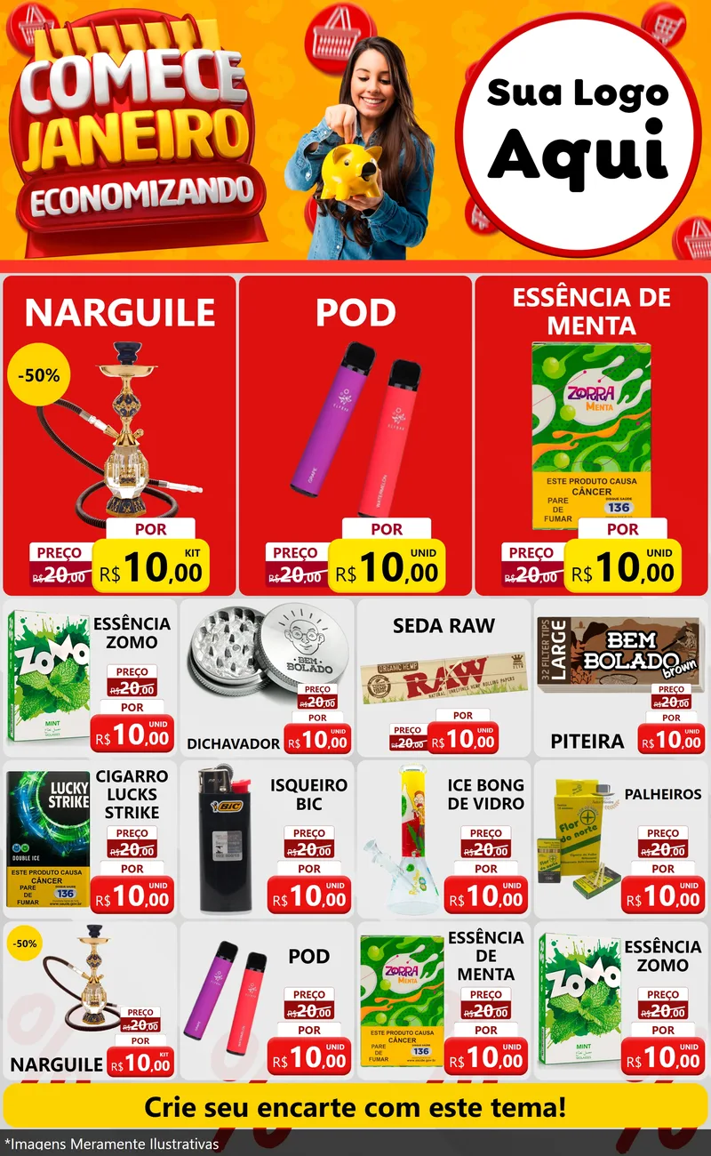Modelo de Encarte para Encarte Grande com o tema Comece Janeiro Economizando para Tabacaria