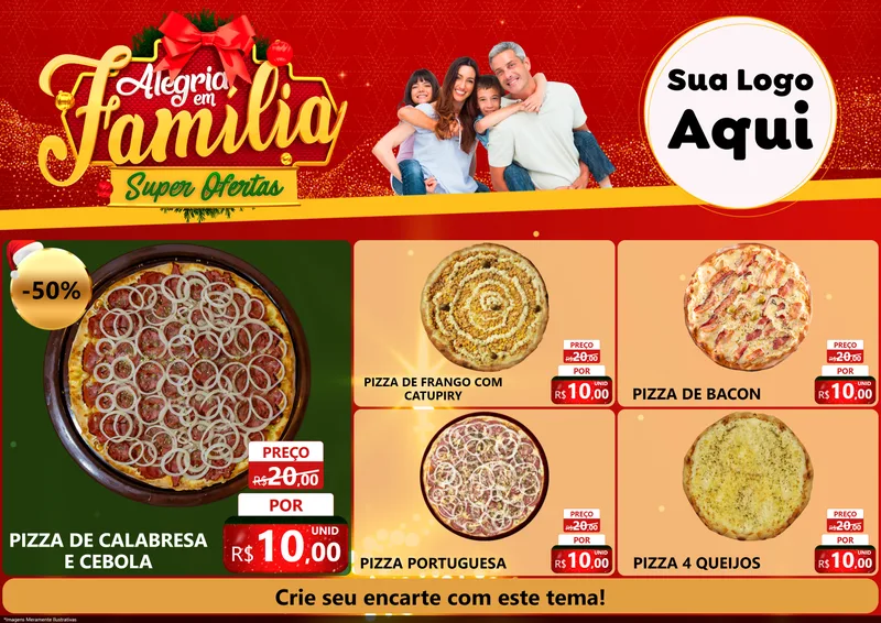 Modelo de Encarte para Encarte A4 Horizontal com o tema Alegria em Família Super Ofertas - Natal para Pizzaria