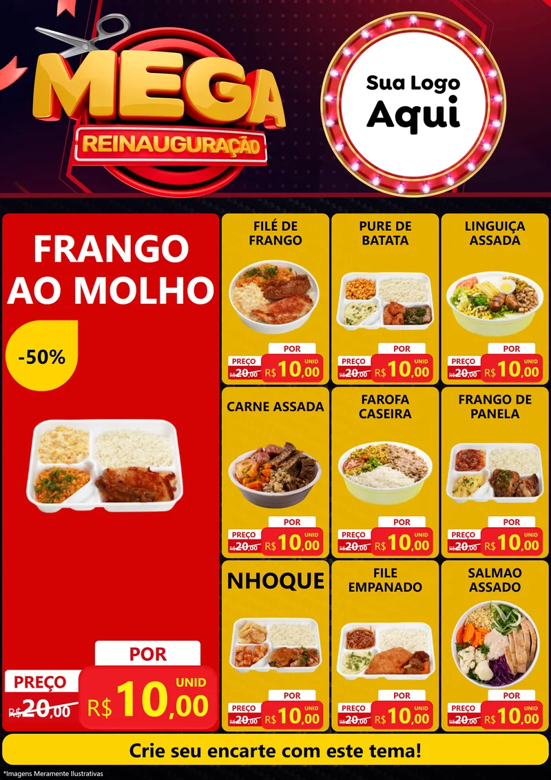 Modelo de Encarte para Encarte A4 Vertical com o tema Mega Reinauguração para Restaurante