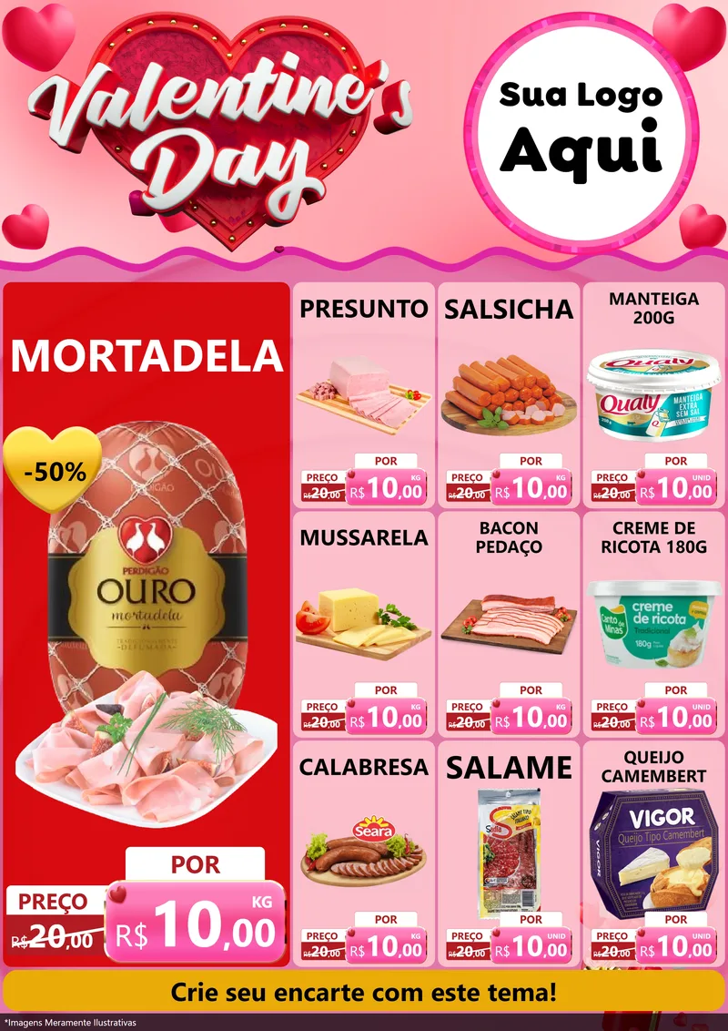 Modelo de Encarte para Encarte A4 Vertical com o tema Valentine's Day para Frios e Laticínios