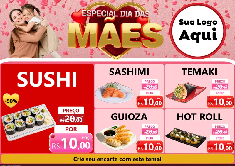 Modelo de Encarte para Encarte A4 Horizontal com o tema Especial Dia Das Mães para Comida japonesa