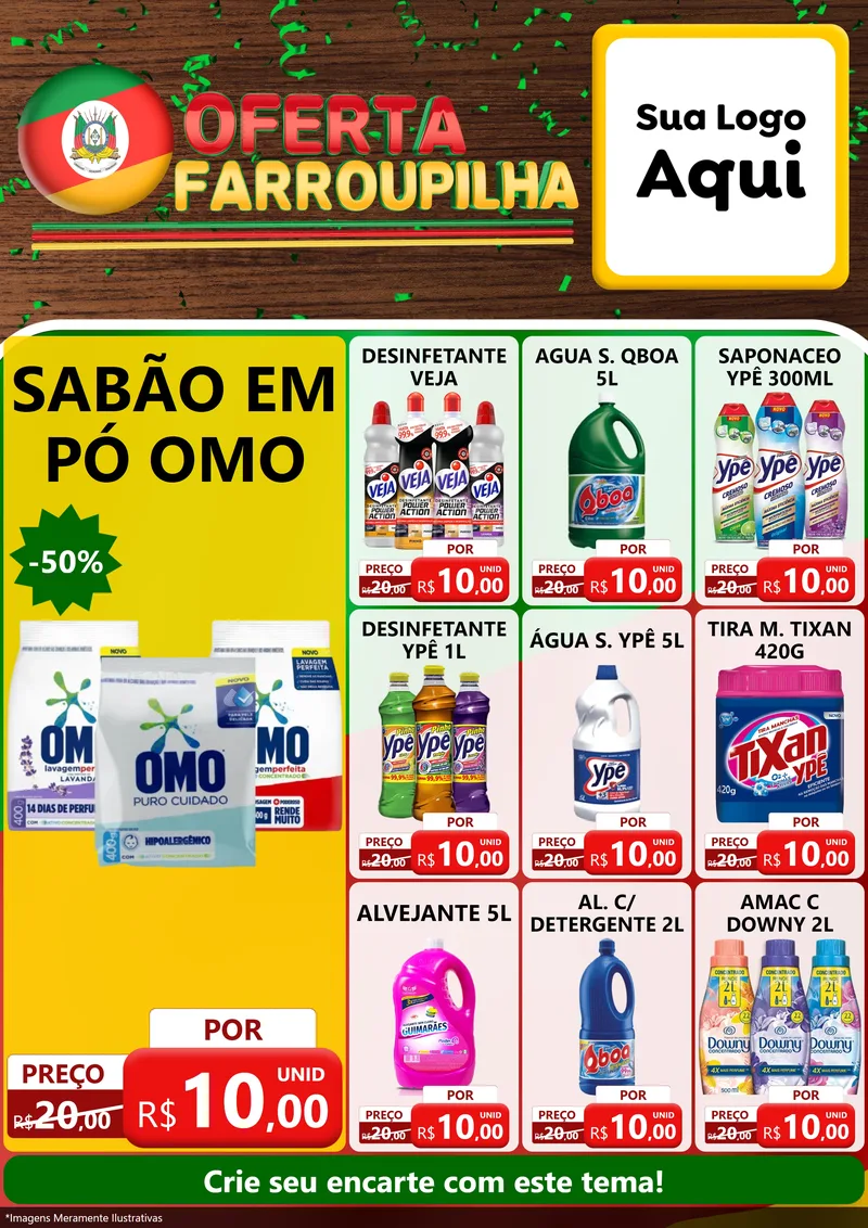 Modelo de Encarte para Encarte A4 Vertical com o tema Oferta Farroupilha para Produtos de Limpeza