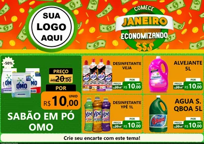 Modelo de Encarte para Encarte A4 Horizontal com o tema Comece Janeiro Economizando para Produtos de Limpeza