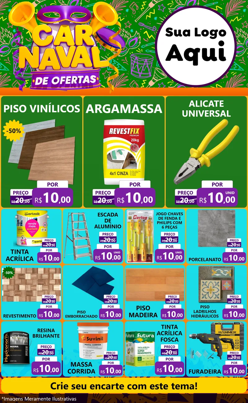 Modelo de Encarte para Encarte Grande com o tema Carnaval de Ofertas para Material para Construção