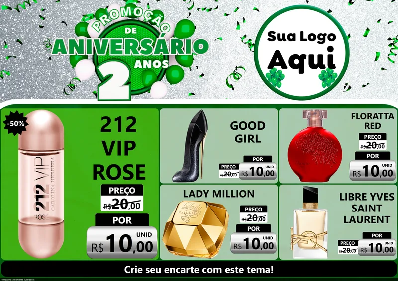 Modelo de Encarte para Encarte A4 Horizontal com o tema Promoção de Aniversário - 2 Anos para Perfumes