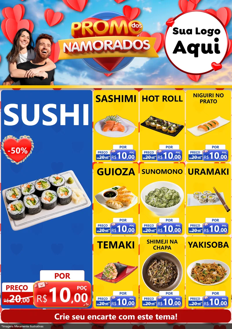 Modelo de Encarte para Encarte A4 Vertical com o tema Promo dos Namorados para Comida japonesa