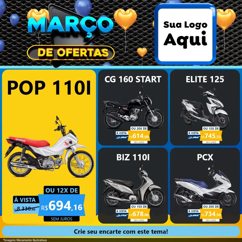 Modelo de Rede Social para Feed Facebook com o tema Março de Ofertas para Concessionaria de Motos