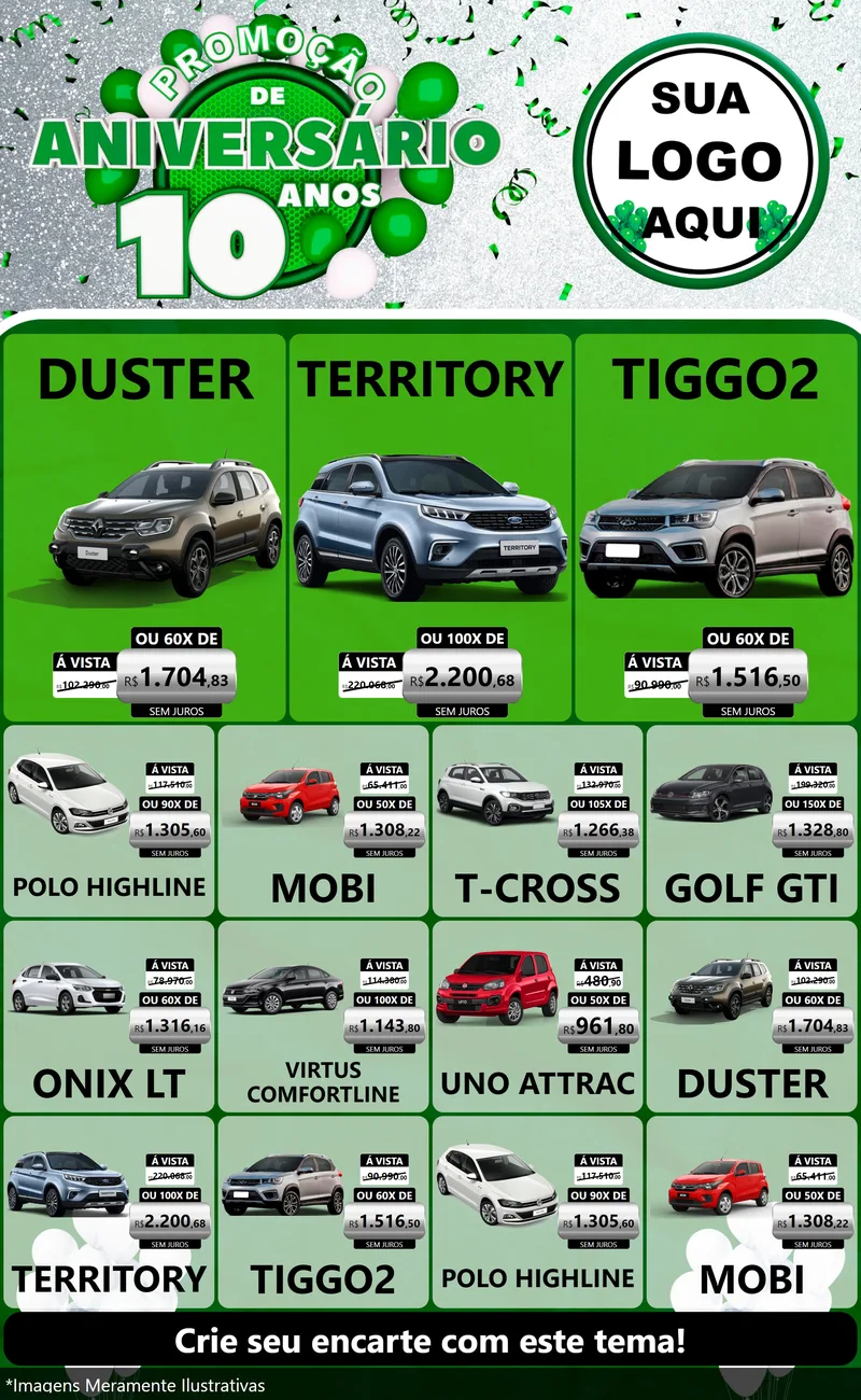 Modelo de Encarte para Encarte Grande com o tema Promoção de Aniversário - 10 Anos para Concessionaria de Carros