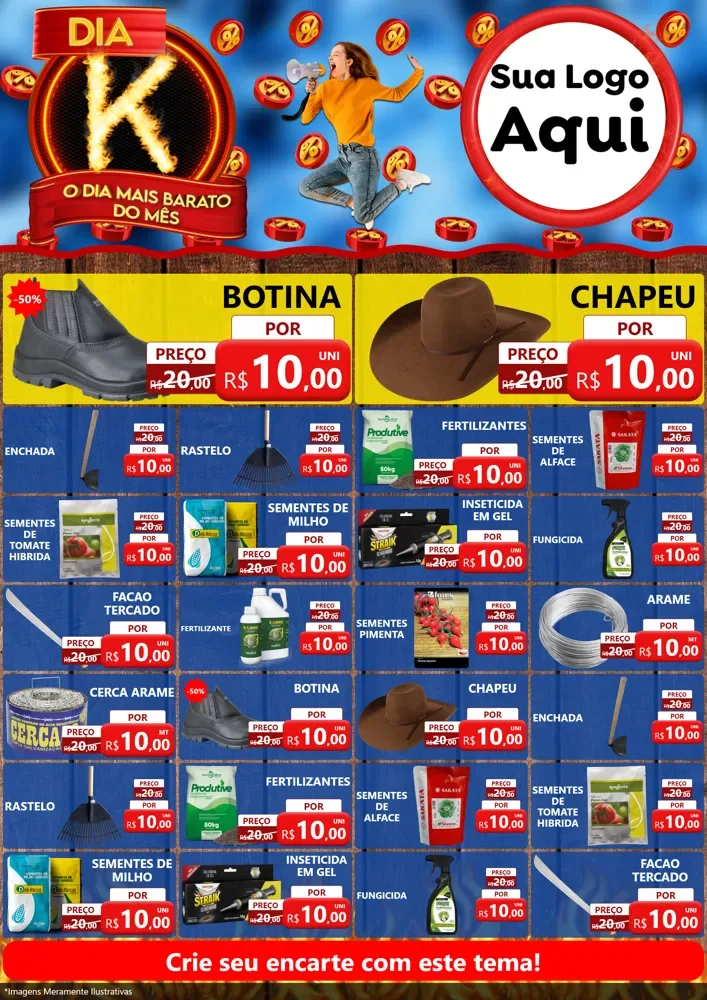 Modelo de Encarte para Encarte A4 Vertical com o tema Dia K - O Dia Mais Barato Do Mês para Agropecuária
