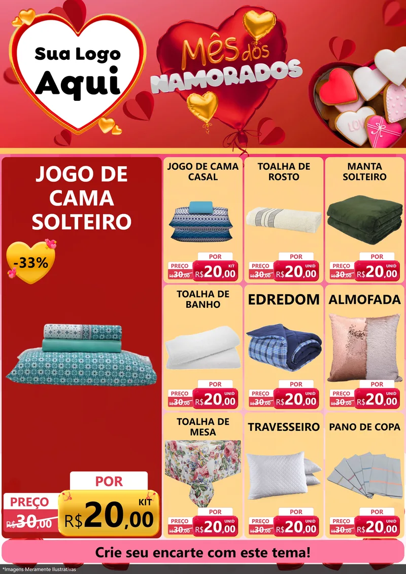 Modelo de Encarte para Encarte A4 Vertical com o tema Mês dos Namorados para Cama, Mesa e Banho