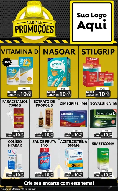 Modelo de Encarte para Encarte Grande com o tema Alerta de Promoções para Farmácia