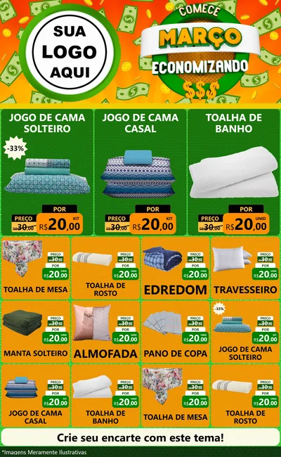 Modelo de Encarte para Encarte Grande com o tema Comece Março Economizando para Cama, Mesa e Banho