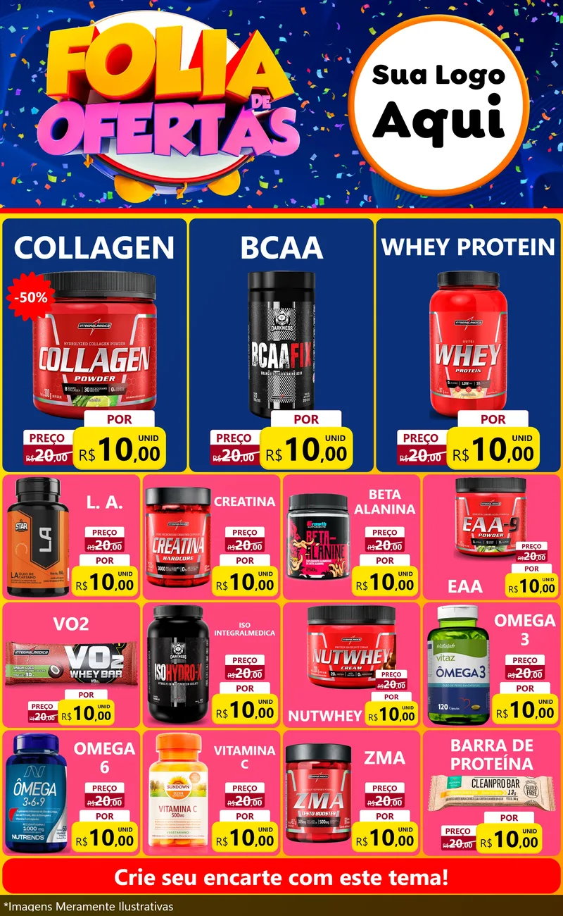 Modelo de Encarte para Encarte Grande com o tema Folia de Ofertas para Suplementos alimentares