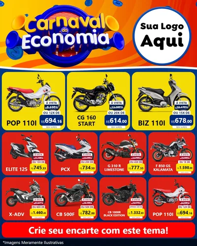 Modelo de Rede Social para Feed Instagram com o tema Carnaval da Economia para Concessionaria de Motos