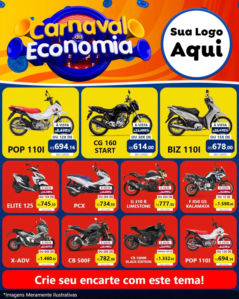 Modelo de Rede Social para Feed Instagram com o tema Carnaval da Economia para Concessionaria de Motos
