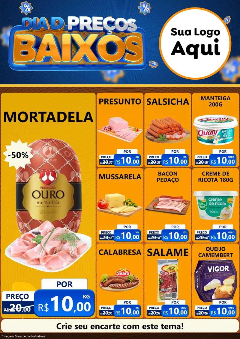 Modelo de Encarte para Encarte A4 Vertical com o tema Dia D Preço Baixo para Frios e Laticínios