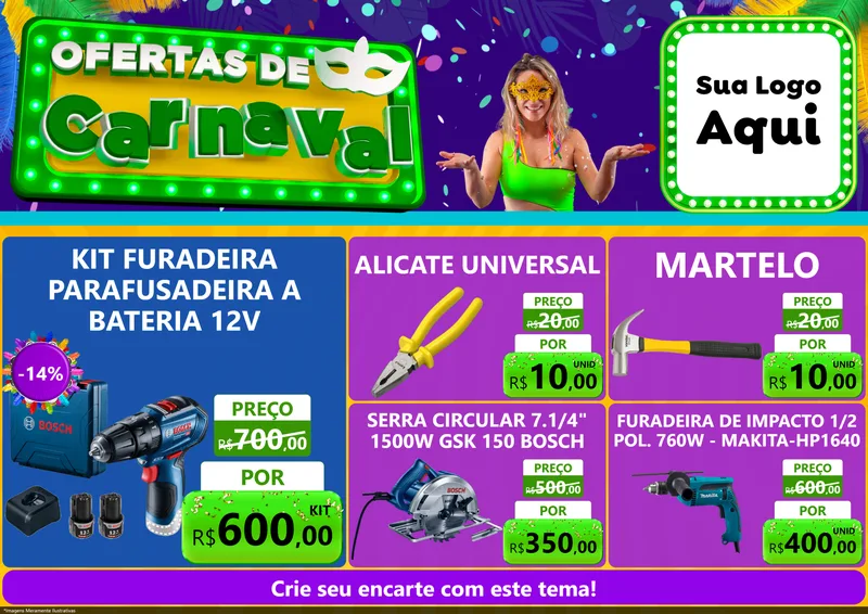 Modelo de Encarte para Encarte A4 Horizontal com o tema Ofertas de Carnaval para Maquinas e Ferramentas