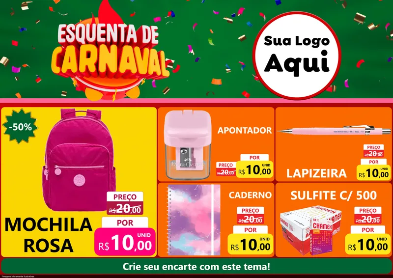 Modelo de Encarte para Encarte A4 Horizontal com o tema Esquenta de Carnaval para Papelaria