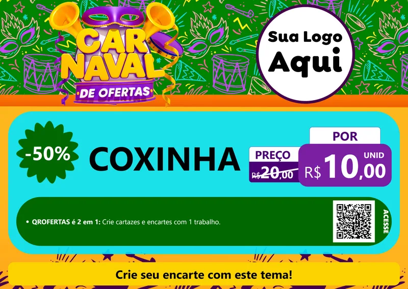 Modelo de Cartaz para Cartaz A4 Horizontal com o tema Carnaval de Ofertas para Salgadaria