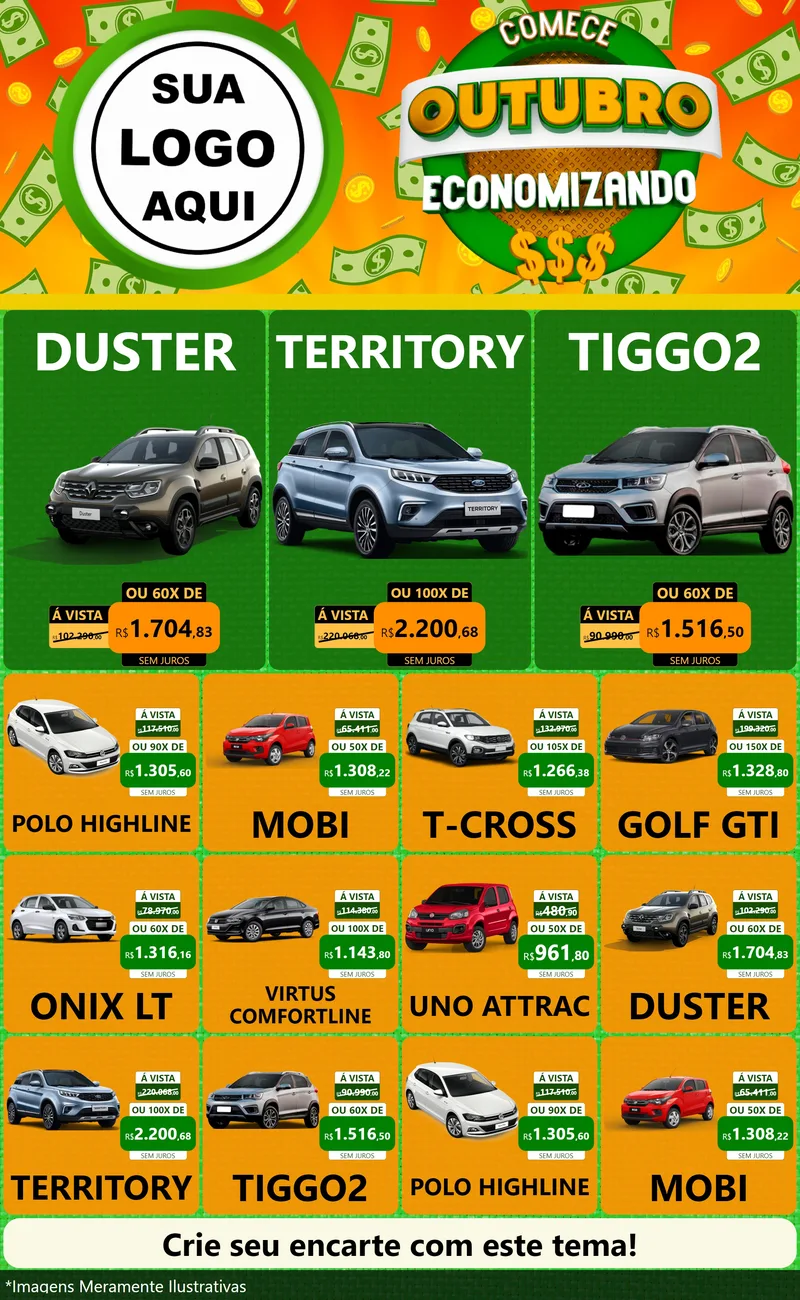 Modelo de Encarte para Encarte Grande com o tema Comece Outubro Economizando para Concessionaria de Carros