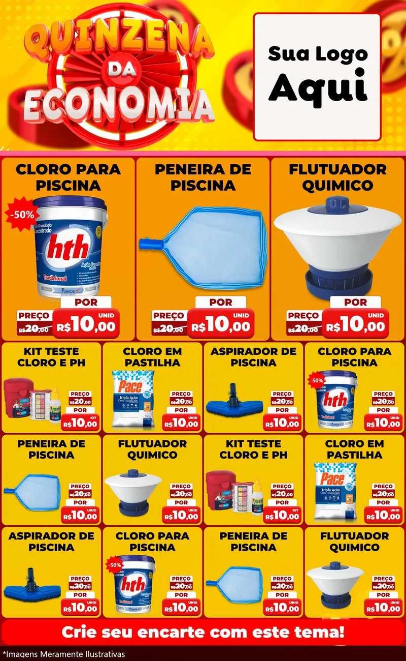 Modelo de Encarte para Encarte Grande com o tema Quinzena Da Economia para Produtos para Piscina