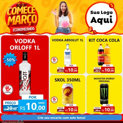 Modelo de Rede Social para Feed Facebook com o tema Comece Março Economizando para Distribuidora de bebidas
