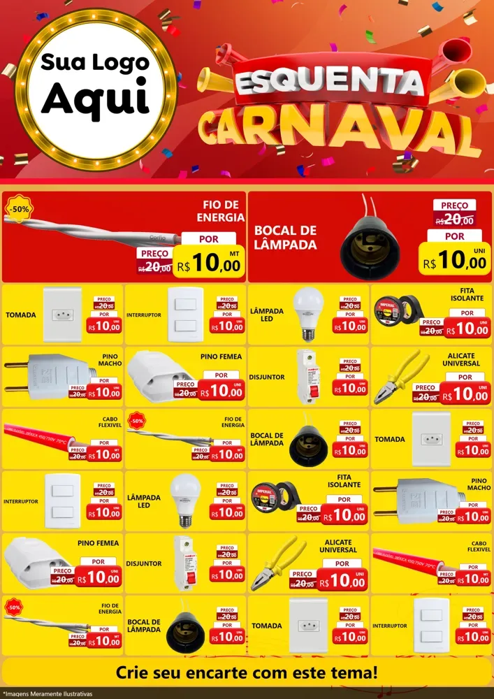 Modelo de Encarte para Encarte A4 Vertical com o tema Esquenta Carnaval para Materiais Elétricos