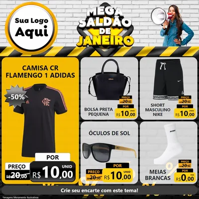 Modelo de Rede Social para Feed Facebook com o tema Mega Saldão de Janeiro para Roupas e acessórios