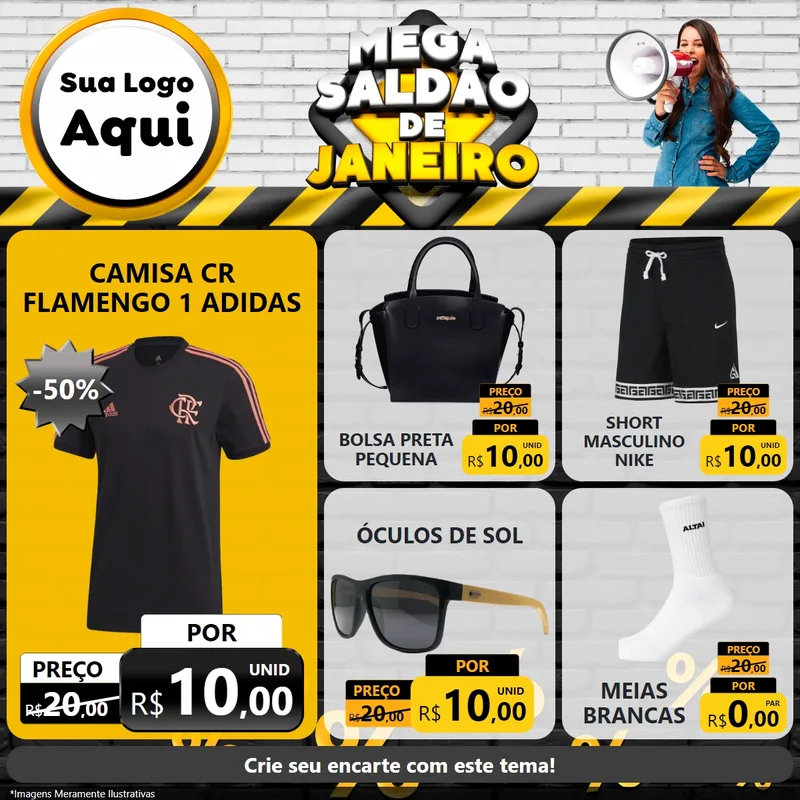 Modelo de Rede Social para Feed Facebook com o tema Mega Saldão de Janeiro para Roupas e acessórios
