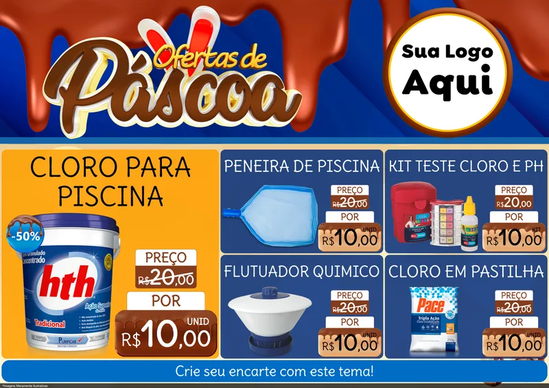 Modelo de Encarte para Encarte A4 Horizontal com o tema Ofertas de Páscoa para Produtos para Piscina
