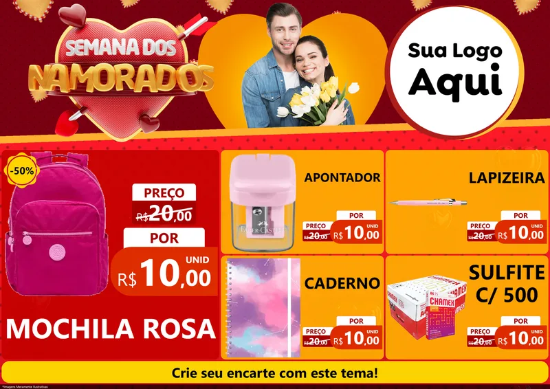 Modelo de Encarte para Encarte A4 Horizontal com o tema Semana dos Namorados para Papelaria