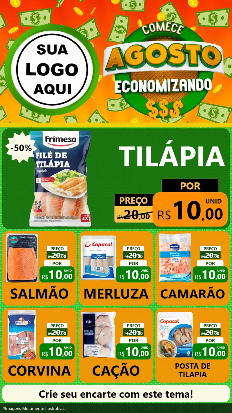 Modelo de Rede Social para Stories com o tema Comece Agosto Economizando para Peixaria
