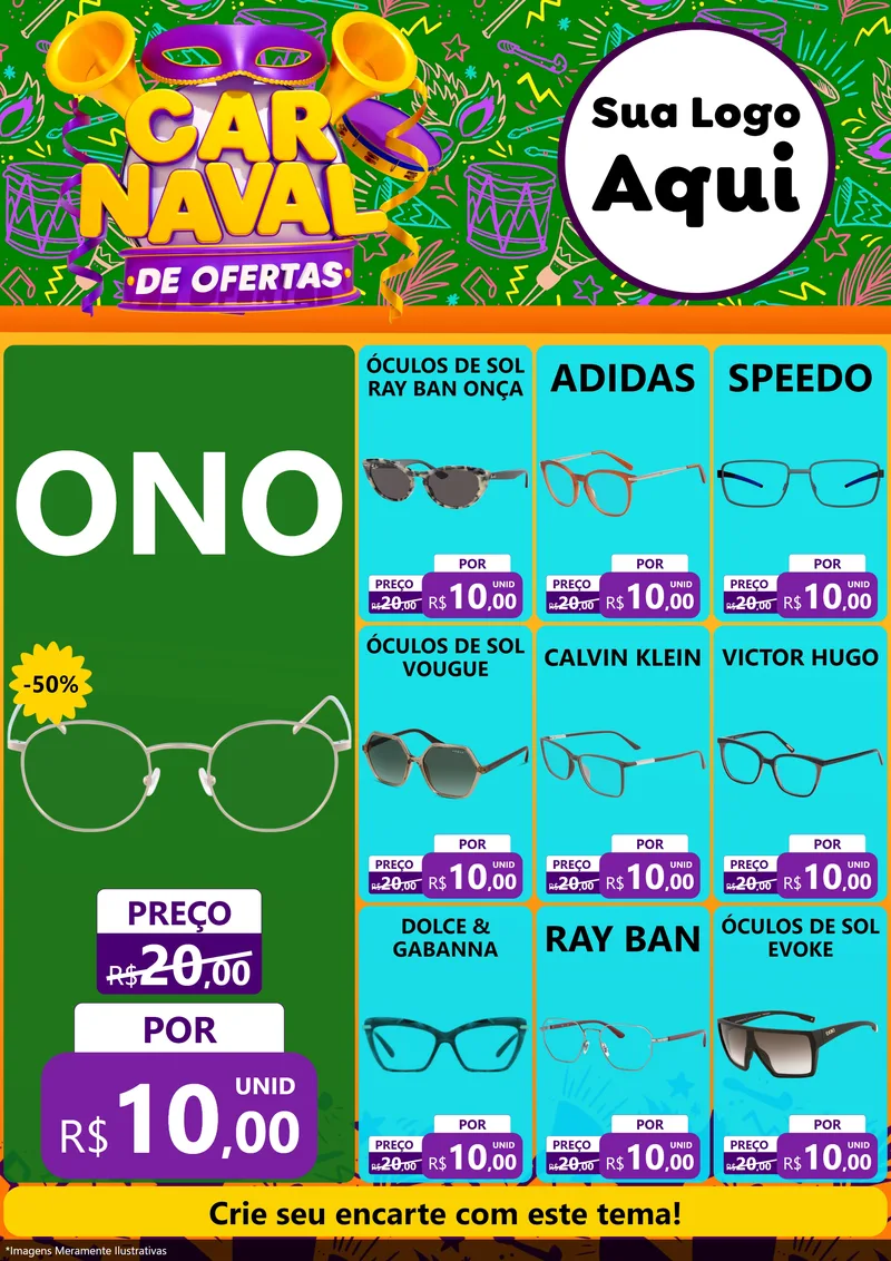 Modelo de Encarte para Encarte A4 Vertical com o tema Carnaval de Ofertas para Óticas