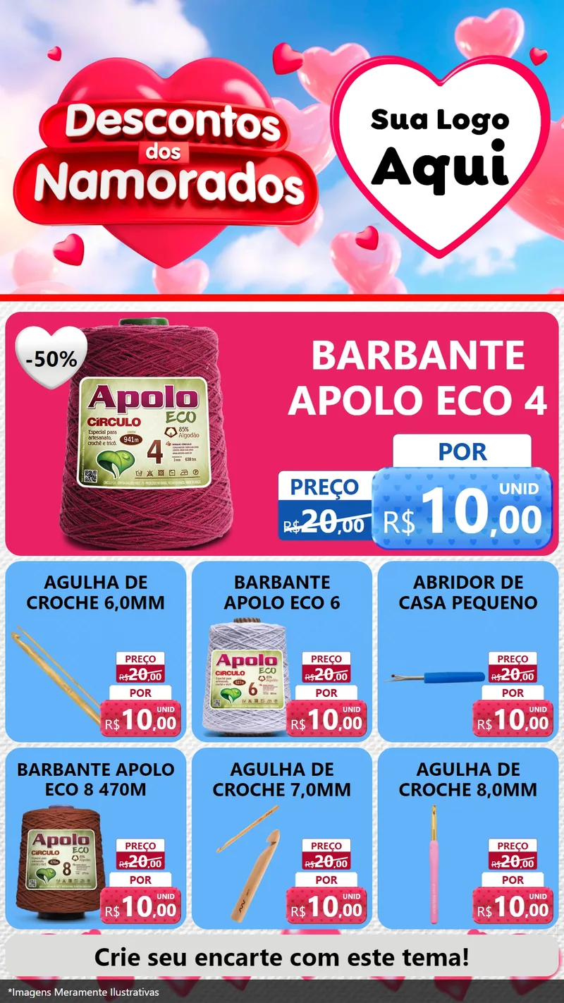 Modelo de Rede Social para Stories com o tema Descontos dos Namorados para Armarinho e Aviamentos