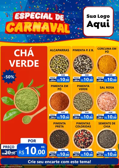 Modelo de Encarte para Encarte A4 Vertical com o tema Especial de Carnaval para Produtos Naturais