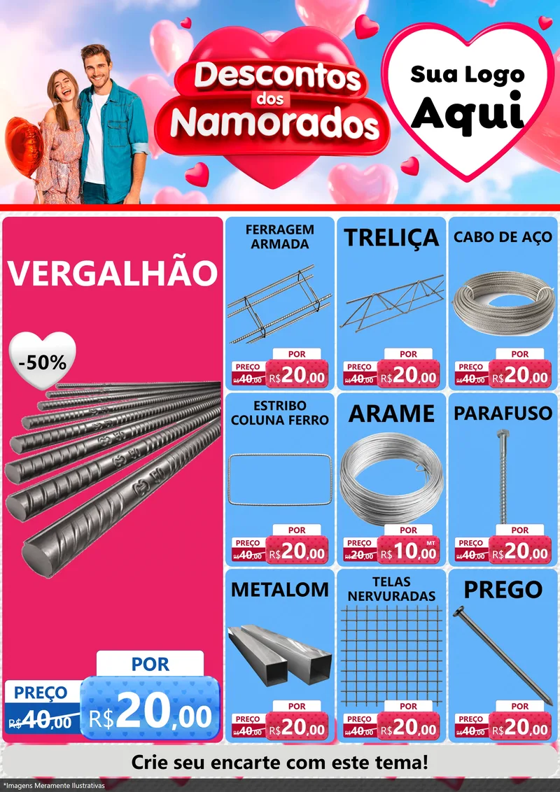 Modelo de Encarte para Encarte A4 Vertical com o tema Descontos dos Namorados para Ferragens